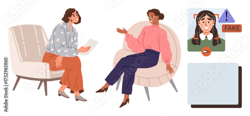 Two women seated in armchairs, engaged in a conversation about fake content, misinformation. Image depicts a warning about fake visuals on a screen. Ideal for dialogue, communication, digital