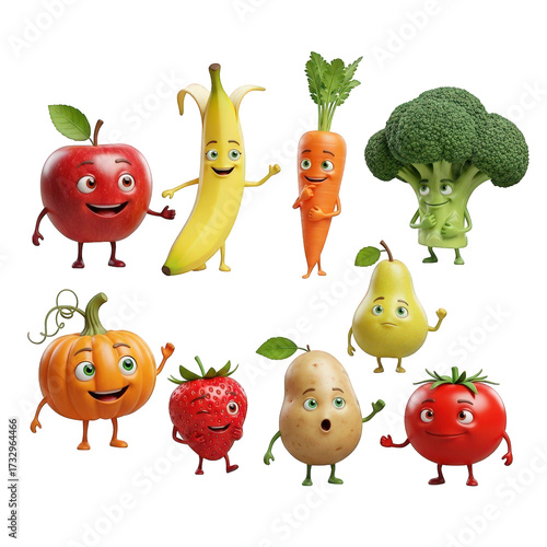 Cartoon Characters of Various Fruits and Vegetables with Happy Expressions Isolated on Transparent Background Fun and Educational Food Icons