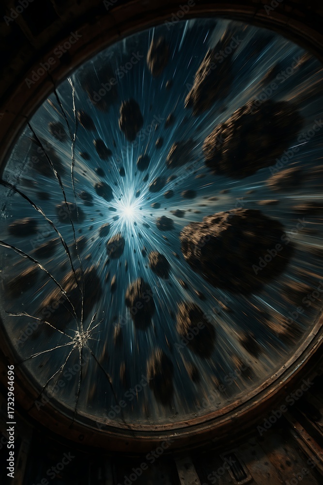 Obraz premium View through a broken window of a spaceship looking out at asteroids and a bright light in space