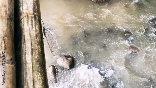 Dynamic river rapids rushing over rocks creates a vibrant and energetic natural scene perfect for travel, environmental, and adventure themes