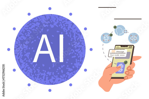 Hand holding smartphone interacting with AI-powered interface. Icons symbolize messaging, automation, cybersecurity, and connectivity. Ideal for artificial intelligence, technology, innovation