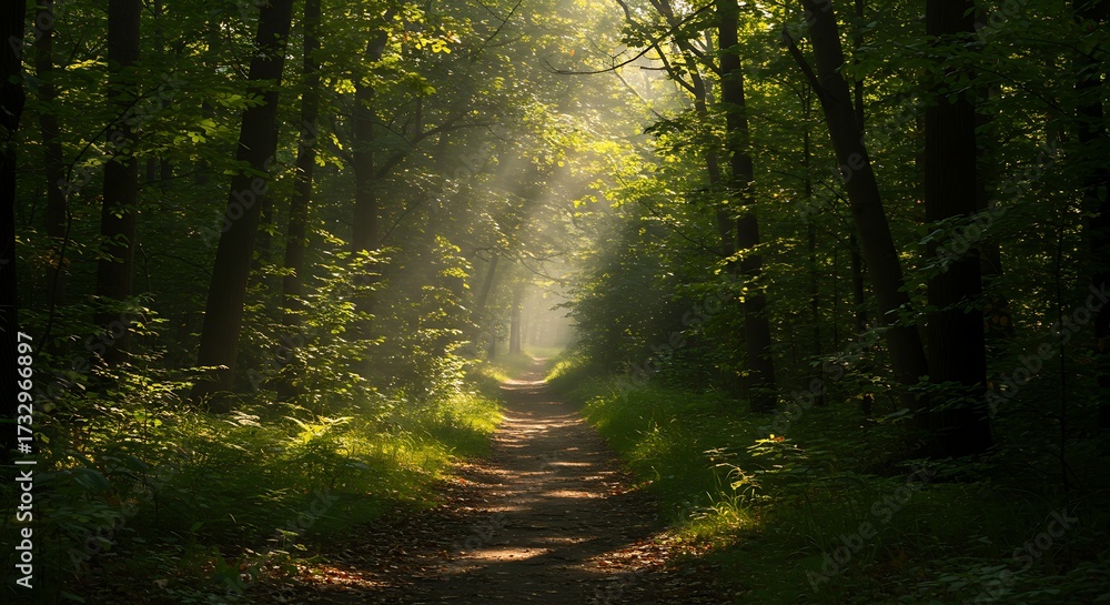 Fototapeta premium Sunlit forest trail with tall trees and atmospheric light creating a path