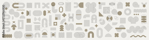 Set of abstract graphic element. Geometric shapes. Memphis design, sticker pack, y2k, aesthetics, brutalism, retro elements, vintage. Vector illustration with wavy and zig zag elements.