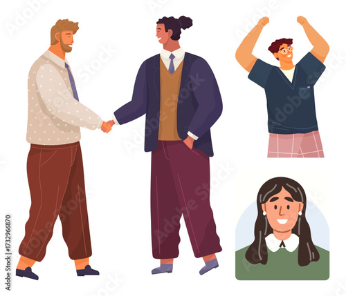 Two men shaking hands in business attire, one man celebrating with raised arms, and a smiling woman. Ideal for teamwork, agreement, diversity, collaboration, success, partnership simple flat