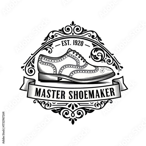Elegant black and white logo featuring a detailed illustration of a classic leather shoe, with decorative scrollwork.