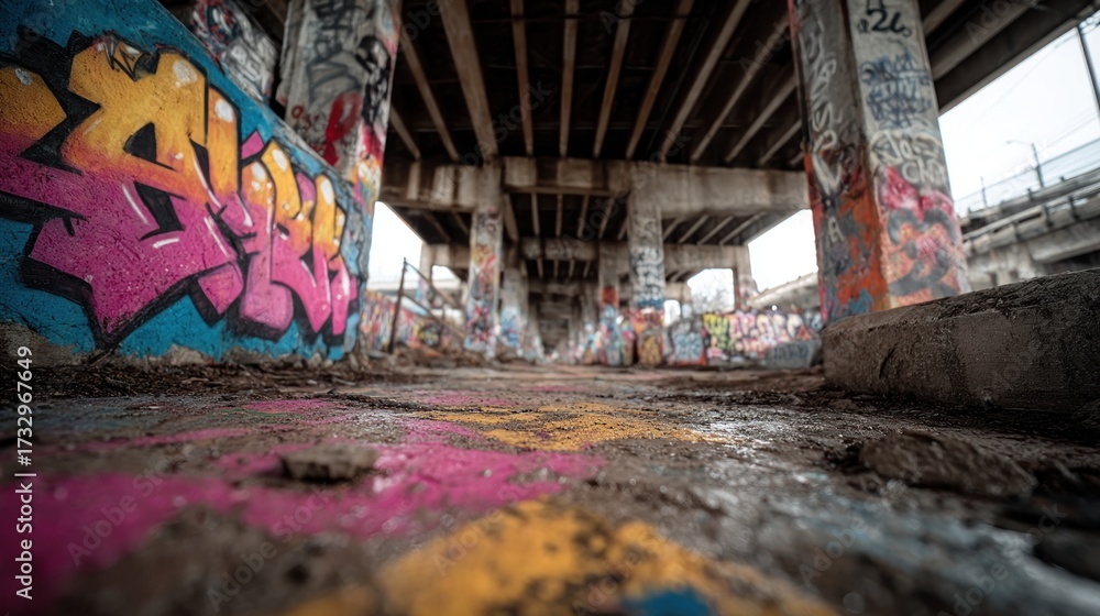 Fototapeta premium Urban decay artistry: Graffiti-covered columns under a concrete overpass