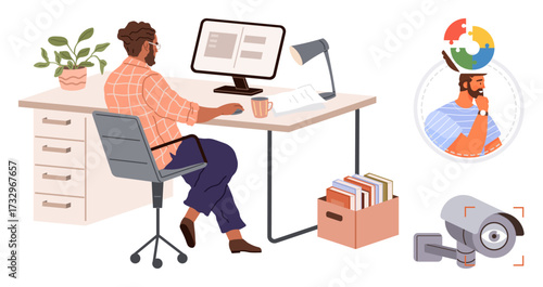 Man working at desk with computer, coffee mug, and documents video surveillance camera, team collaboration concept. Ideal for remote work, productivity, security, teamwork, technology multitasking