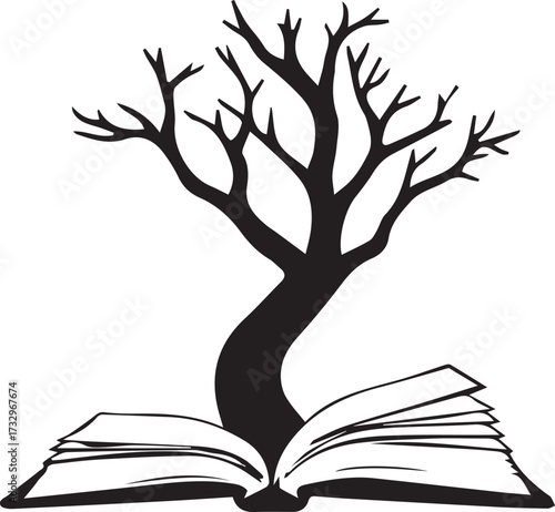 Silhouette of a bare tree growing from an open book, symbolizing knowledge, growth, and wisdom’s roots.

