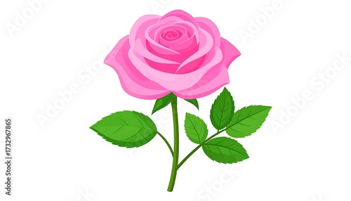 Fototapeta Naklejka Na Ścianę i Meble -  A vibrant cartoon illustration of a single pink rose in full bloom with a stem and green leaves against a white background