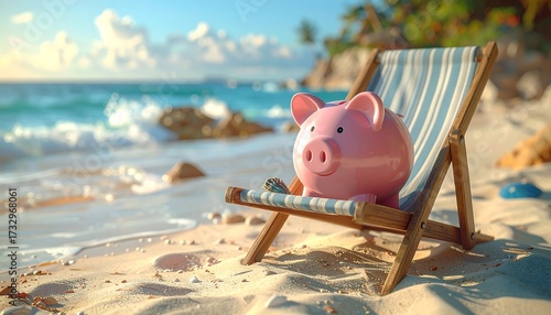 Pink piggy bank on beach chair