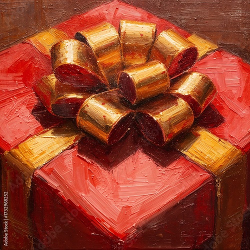Christmas Gift Wrapped in Red Paper with Golden Bow in Close-Up Old Master Oil Painting Style