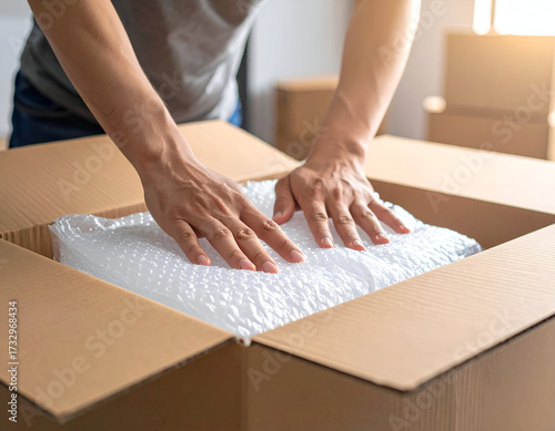 Hands carefully packing an item with bubble wrap into a cardboard box. Perfect for themes of moving, shipping, relocation, and secure packaging services.