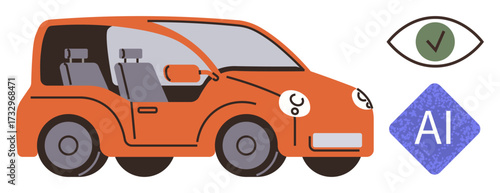 Orange autonomous car with advanced AI system and safety features, including recognized approval symbol. Ideal for technology, automation, innovation, transport, AI trends, safety, and self-driving