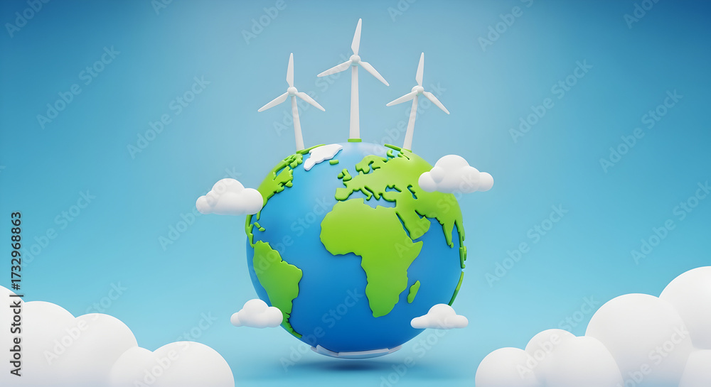 Naklejka premium Earth globe with wind turbines and clouds against a blue sky promoting green energy solutions