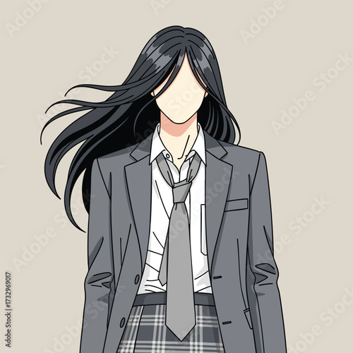 A faceless anime girl with long windblown black hair wearing a grey school uniform.