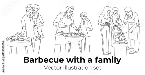 Family cooking together line vector minimalistic art. Vector illustration
