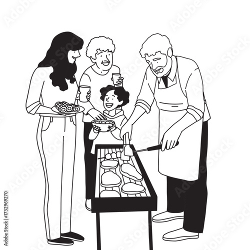 Family barbecue vector line minimalistic art. Vector illustration