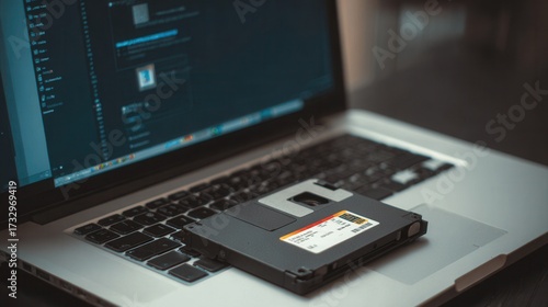 Wallpaper Mural Vintage Floppy Disk Resting on a Modern Laptop During Nighttime Torontodigital.ca