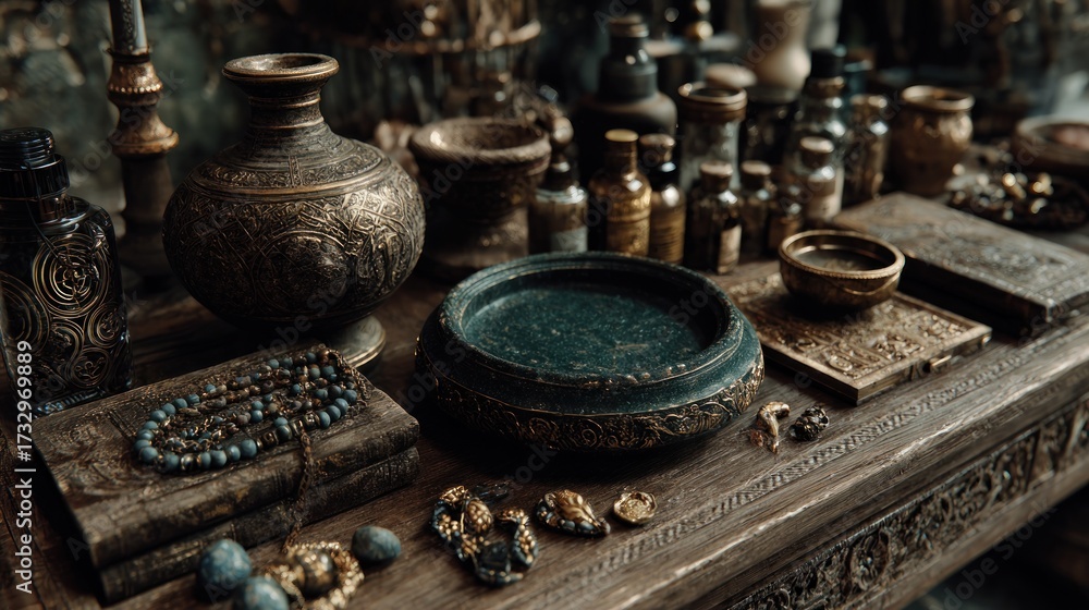 Fototapeta premium Antique Still Life Arrangement with Ornate Vases, Jars, and Decorative Elements