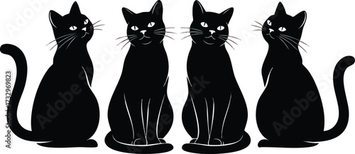 Four black cats are sitting upright, facing forward, with varying expressions on a white background.