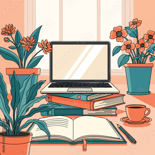 Cozy illustrated workspace with a laptop on books an open notebook and potted plants.