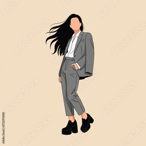 Faceless illustration of a stylish woman in a grey pantsuit with windblown hair.