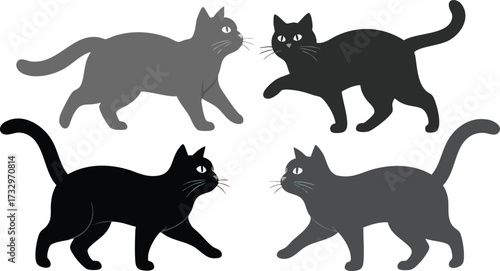 Four cats, two black and two gray, are walking, facing each other in pairs.