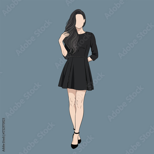 Fullbody illustration of a stylish faceless woman with long dark hair wearing a little black dress and heels.