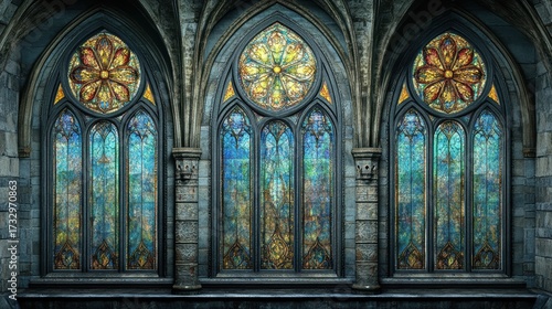 Exquisite Stained Glass Windows Featuring Colorful Floral Patterns in an Antique Gothic Architecture Style