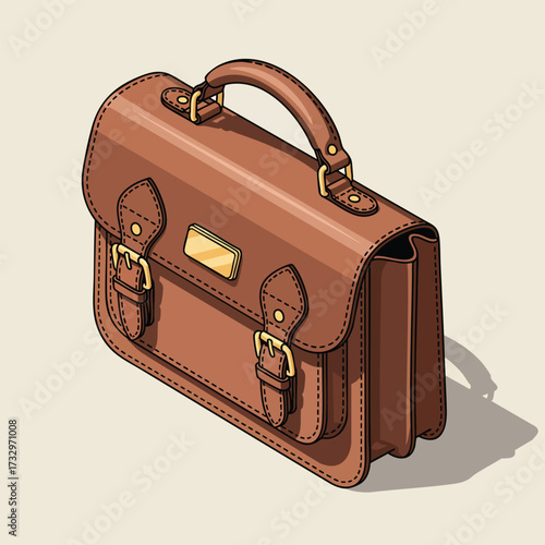 Isometric illustration of a classic brown leather satchel with buckles and a top handle.