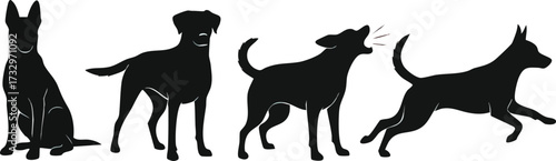 Silhouettes of four dogs in different poses: sitting, standing, barking, and running.