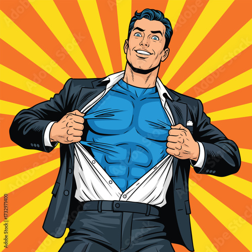 Pop art illustration of a handsome businessman ripping open his shirt to reveal a blue superhero costume.