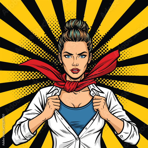Pop art illustration of a strong woman in a superhero pose tearing open her white shirt.