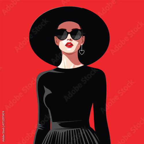 Pop art illustration of a stylish woman in a large black hat sunglasses and a heart earring.
