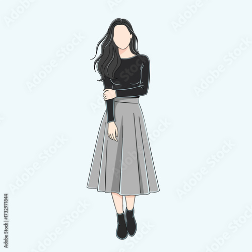 Stylish faceless woman with long black hair wearing a black top and grey midi skirt.