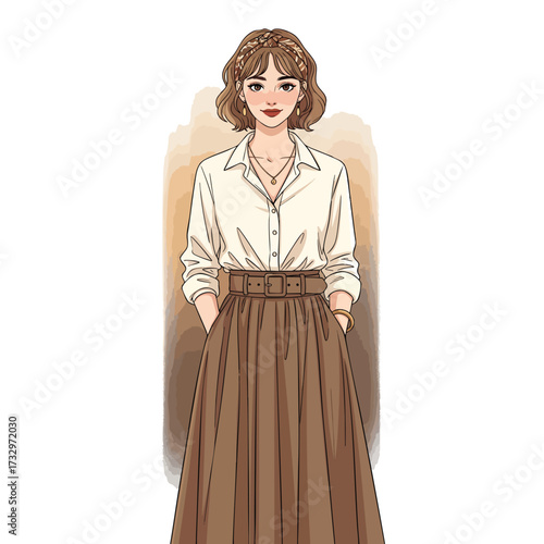 Stylish handdrawn illustration of a young woman in a white shirt and long brown skirt.