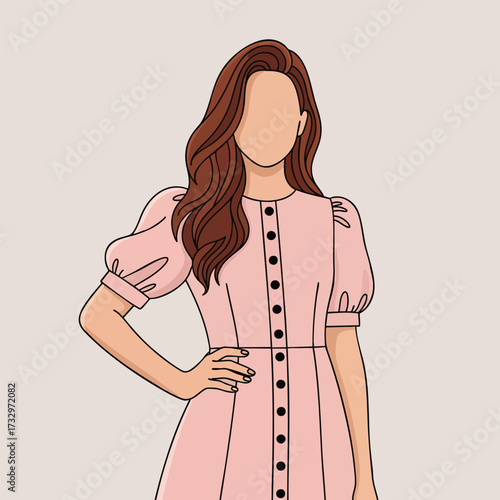Stylish illustration of a faceless woman with long brown hair wearing a pink puffsleeve dress.