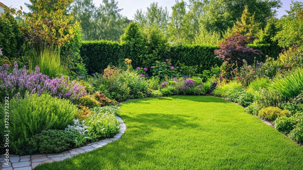 Naklejka premium Lush and Vibrant Garden Landscape with Colorful Flowers, Green Grass, and Intricate Pathways Surrounded by Beautiful Foliage in Daylight