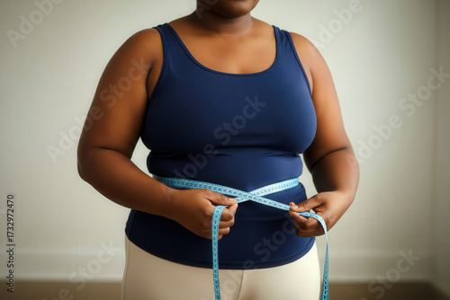 Medical Illnesses and Ailments – Overweight Black woman measuring her midsection with a blue tape, focusing on weight loss or obesity