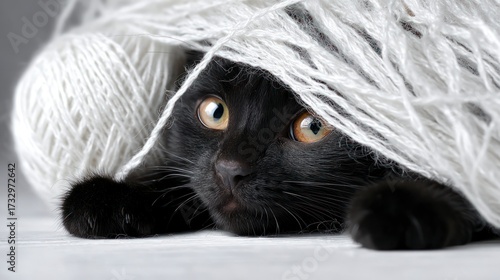Black cat playing with yarn
