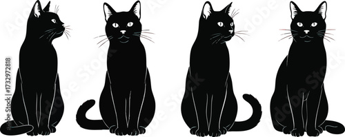 Four black cats sit in various poses against a white background.