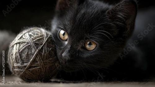 Black kitten with yarn ball