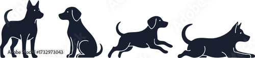 Four dog silhouettes depict standing, sitting, jumping, and lying down poses.