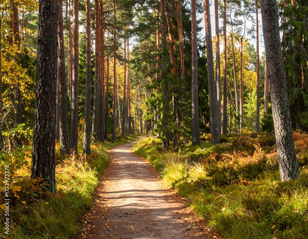 Fototapeta premium Sunny forest path in autumn