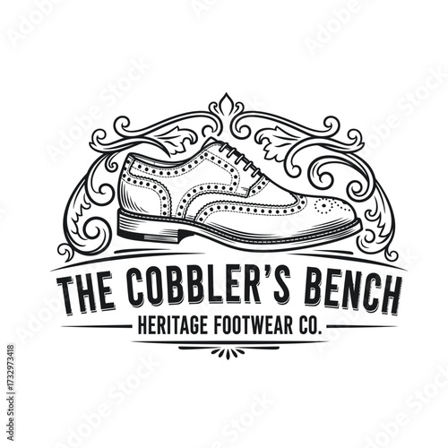 A vintage-style black and white logo for "The Cobbler's Bench Heritage Footwear Co." featuring an ornate wingtip shoe.