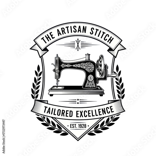 Vintage sewing machine logo for 'The Artisan Stitch' with 'Tailored Excellence' and 'Est. 1928' in a classic monochrome design.