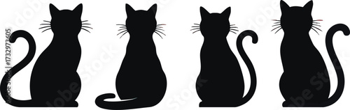 Four black cat silhouettes in various poses, tails curled, facing away.