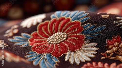 Intricate floral pattern with embroidery, fabric texture close-up art