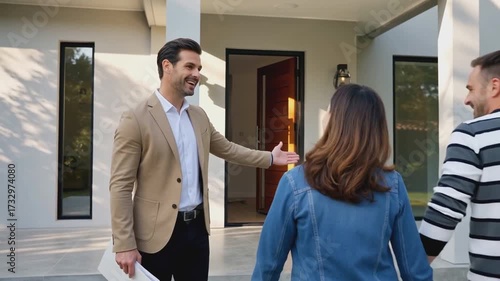 Real estate agent welcoming female client at entrance of modern house during property showing. Residential housing and home buying process concept. Design for banner, poster, postcard, website header.
