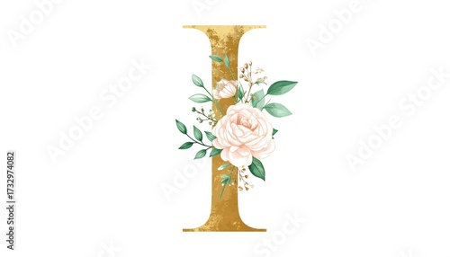 Golden letter I adorned with pastel floral bouquet